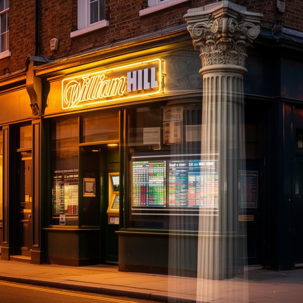 William-Hill-Filiale bei Dämmerung mit griechischer Säule — Symbolbild zur Bally's-Intralot-Übernahme von Evoke