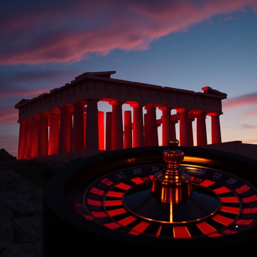 Athener Parthenon in roter Abenddämmerung mit Roulette-Rad – Symbolbild Griechenland Schwarzmarktbekämpfung Online-Glücksspiel