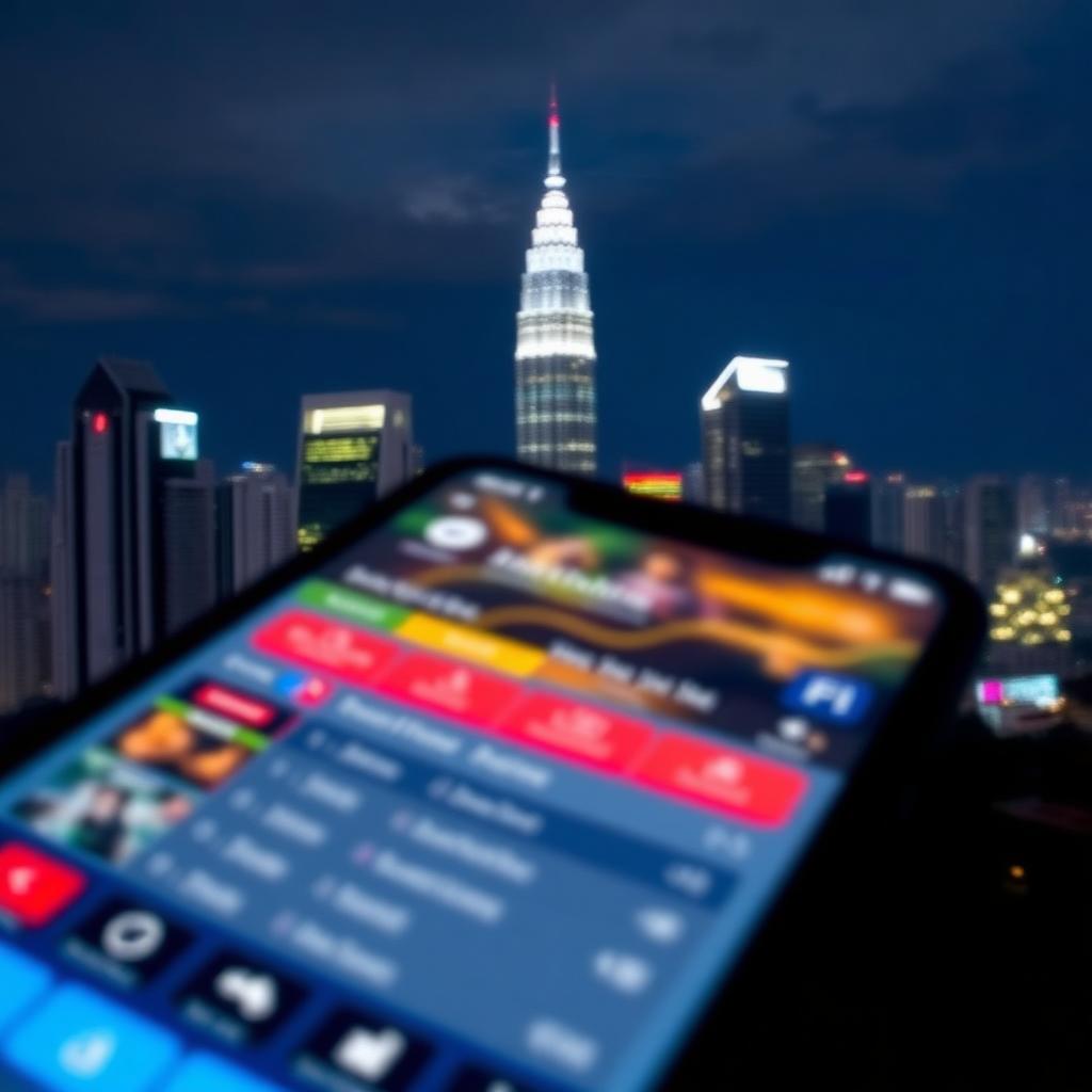 Skyline von Kuala Lumpur bei Nacht mit Smartphone im Vordergrund, das eine unscharfe Wett-App zeigt – Symbolbild Malaysia Crackdown illegale Online-Wetten