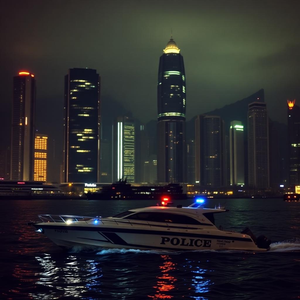 Hongkong-Hafen bei Nacht mit Polizeiboot im Vordergrund – Symbolbild zur Polizei-Warnkampagne vor Übersee-Wettseiten zur WM 2026