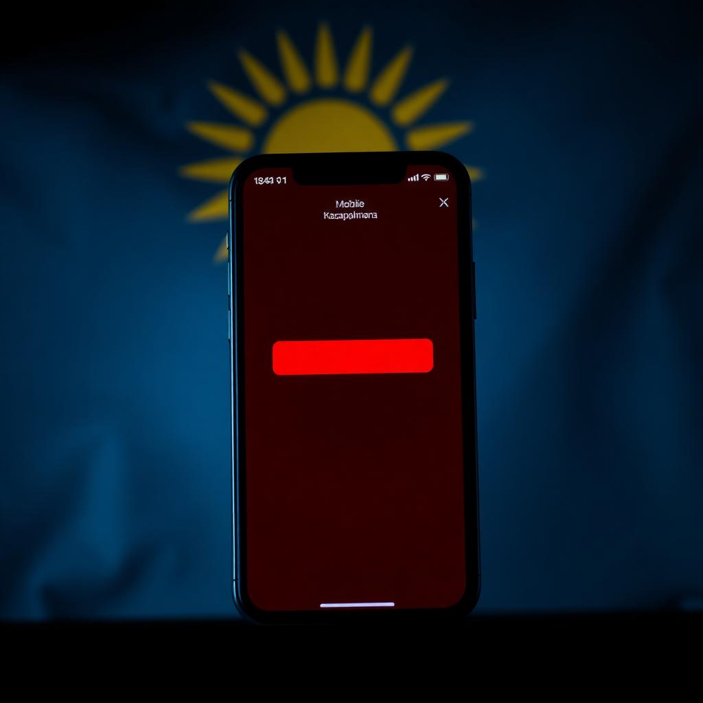 Smartphone mit rotem Sperr-Indikator vor angedeuteter kasachischer Flagge in dunkler Beleuchtung, Symbolbild zu Zahlungssperren gegen illegales Online-Glücksspiel