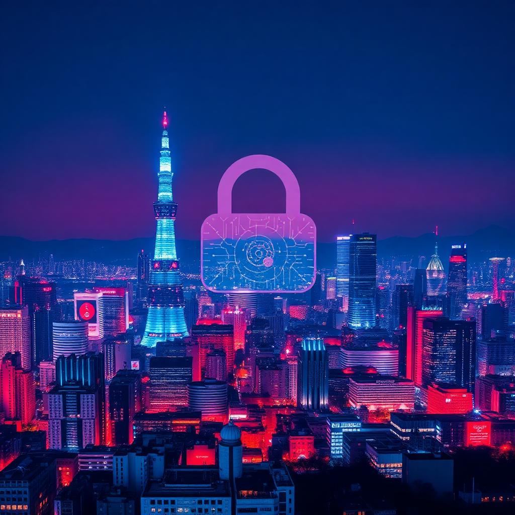 Nächtliche Skyline von Seoul mit digitalem Schloss-Symbol und subtiler Fussball-Ikone, Symbolbild zur Sperrung von 1280 illegalen Wettseiten vor der WM 2026