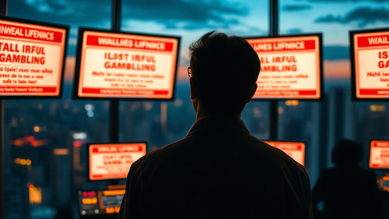 Ein besorgter Blick auf Bildschirme mit Warnhinweisen vor illegalem Glücksspiel, während im Hintergrund die Skyline einer brasilianischen Stadt verschwimmt. Das Bild fängt die Dringlichkeit der Situation ein, mit einem Fokus auf die digitale Welt des Influencer-Marketings und der Finanztransaktionen.