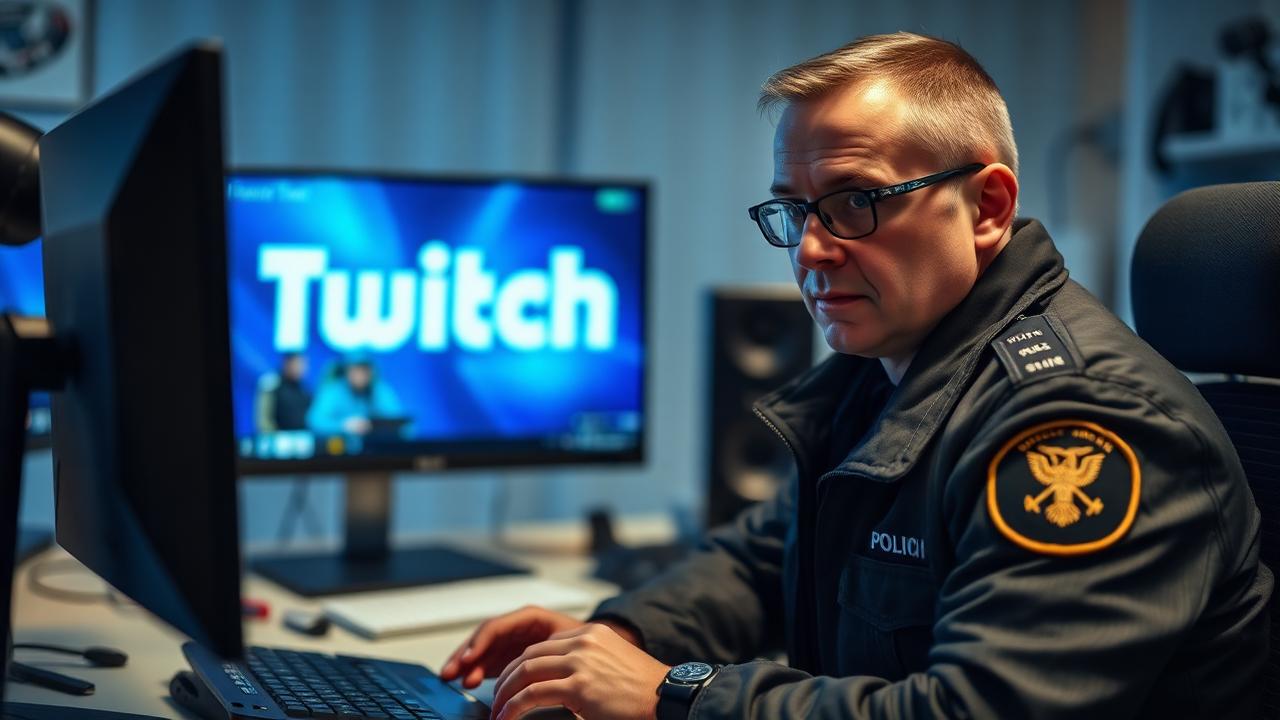 Ein finnischer Polizeibeamter, der ein Bußgeld ausstellt, während im Hintergrund verschwommen ein junger Mann an einem Computer sitzt und Online-Glücksspielinhalte streamt, mit einem Fokus auf die Ernsthaftigkeit der Regulierung.