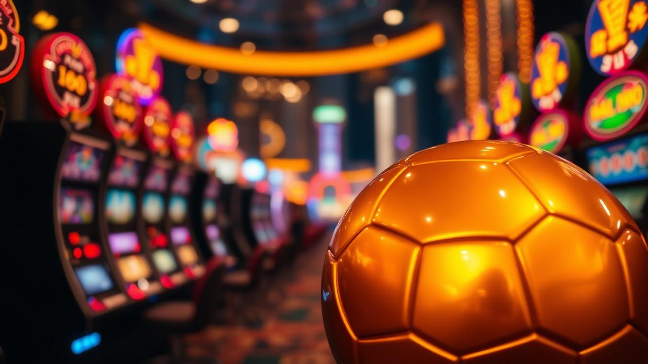 Ein goldener Fußball vor verschwommenen Spielautomaten in einem stilisierten Casino, das die Spannung zwischen Sportereignissen und traditionellem Glücksspiel symbolisiert.